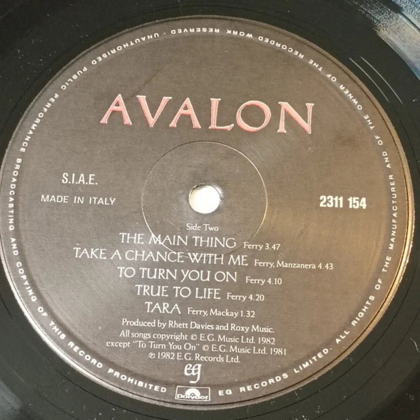 Roxy Music – Avalon (E.G. Records, 1982) First Press ITA