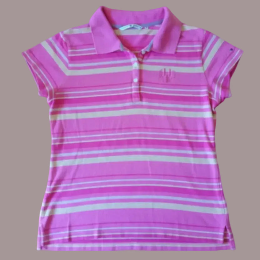 Polo Tommy Hilfiger Donna Rosa Fucsia Righe Gialle Stemma Ricamato Taglia M