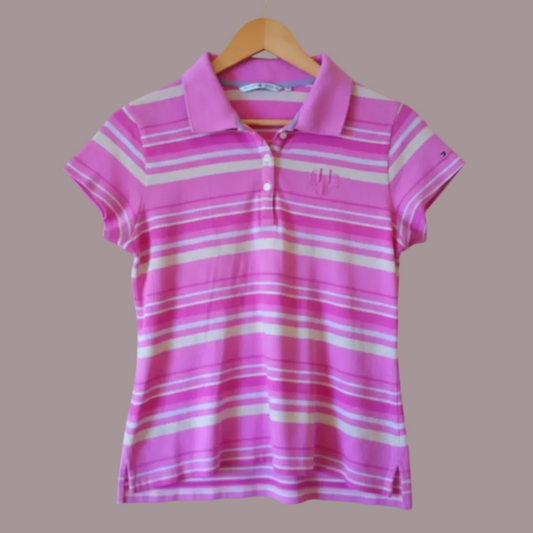Polo Tommy Hilfiger Donna Rosa Fucsia Righe Gialle Stemma Ricamato Taglia M