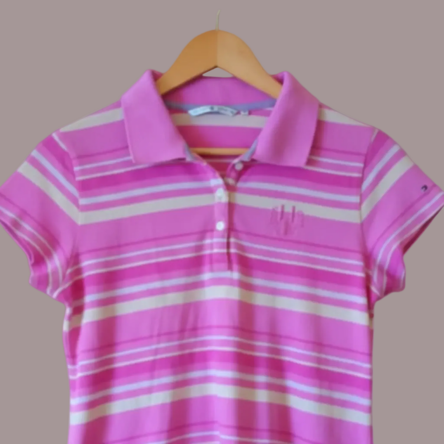 Polo Tommy Hilfiger Donna Rosa Fucsia Righe Gialle Stemma Ricamato Taglia M