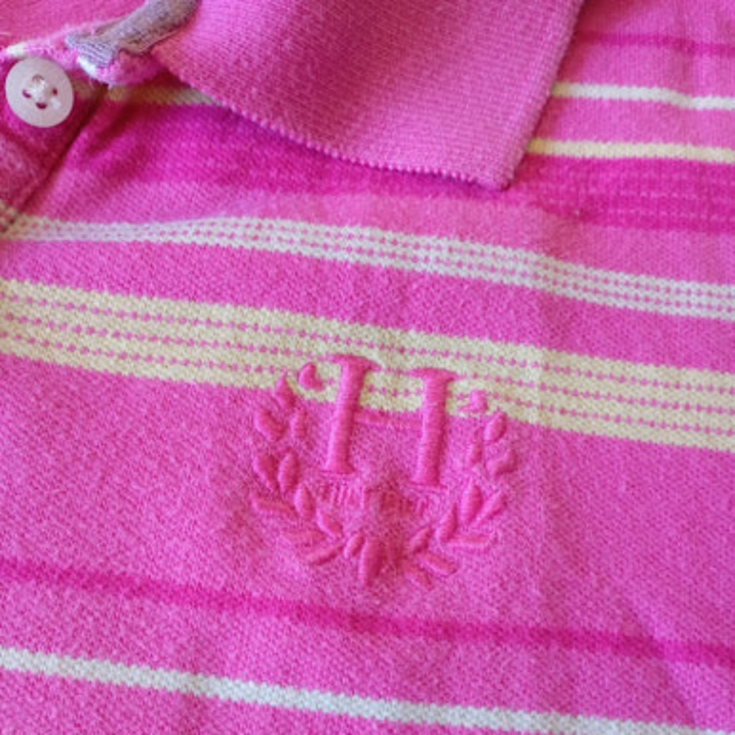 Polo Tommy Hilfiger Donna Rosa Fucsia Righe Gialle Stemma Ricamato Taglia M