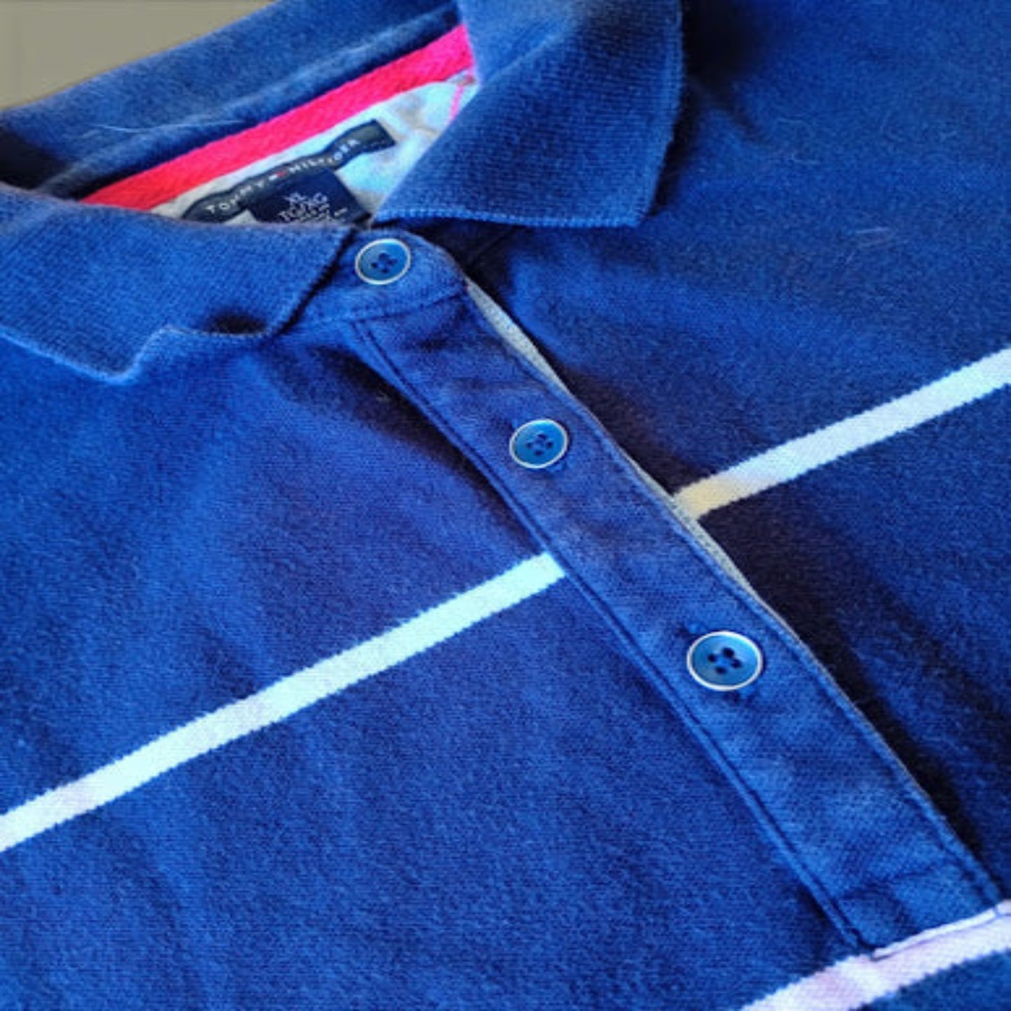 Polo Tommy Hilfiger Donna Blu Righe Rosa Fucsia Manica Palloncino Taglia XL