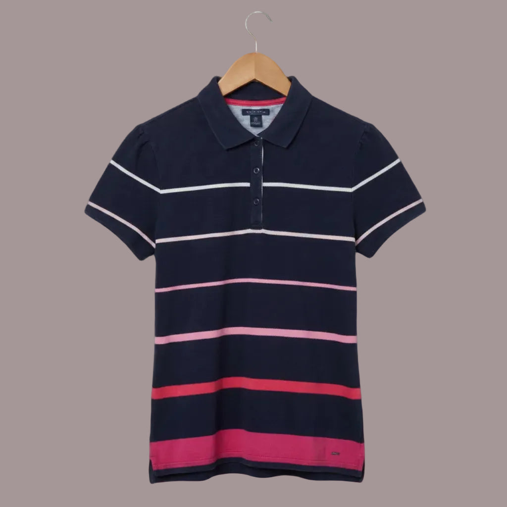 Polo Tommy Hilfiger Donna Blu Righe Rosa Fucsia Manica Palloncino Taglia XL