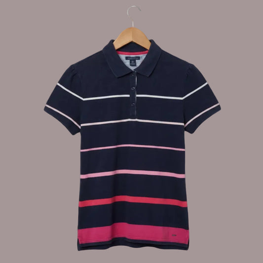 Polo Tommy Hilfiger Donna Blu Righe Rosa Fucsia Manica Palloncino Taglia XL