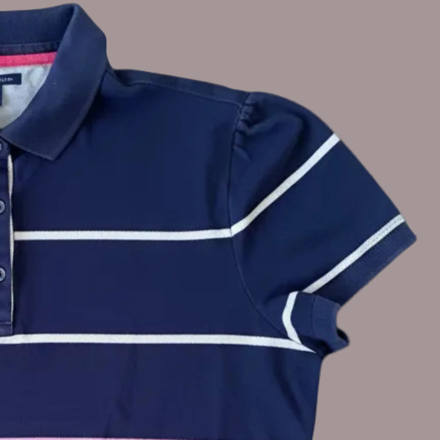 Polo Tommy Hilfiger Donna Blu Righe Rosa Fucsia Manica Palloncino Taglia XL