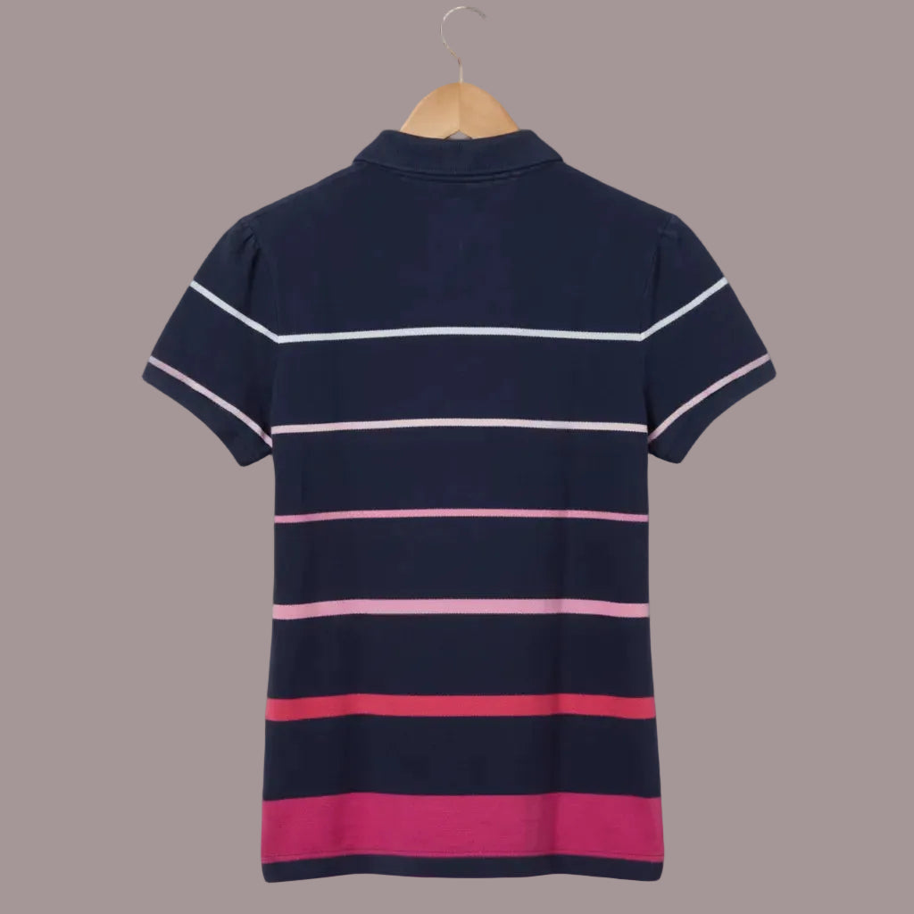 Polo Tommy Hilfiger Donna Blu Righe Rosa Fucsia Manica Palloncino Taglia XL