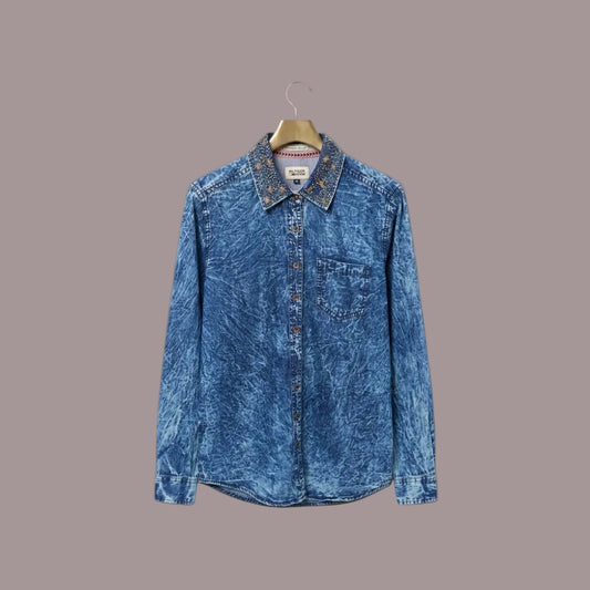 Camicia Jeans Tommy Hilfiger Denim Donna Acid Wash Stelle Borchie Taglia XS