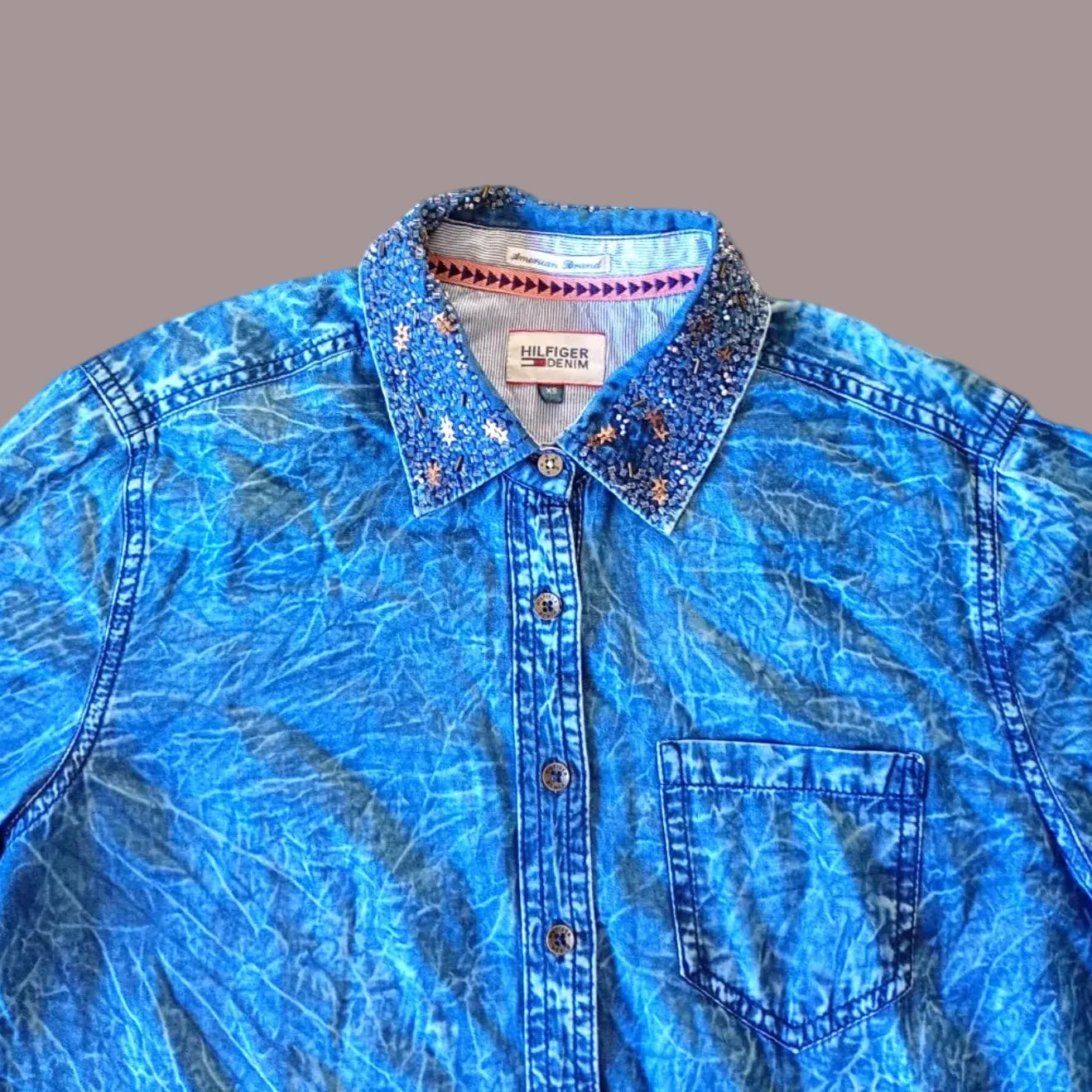 Camicia Jeans Tommy Hilfiger Denim Donna Acid Wash Stelle Borchie Taglia XS