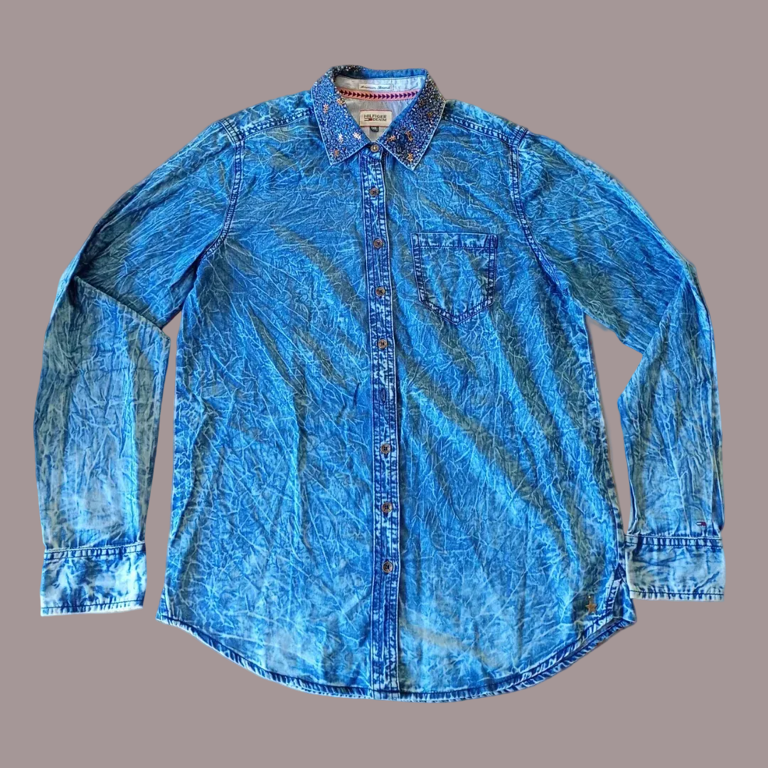 Camicia Jeans Tommy Hilfiger Denim Donna Acid Wash Stelle Borchie Taglia XS