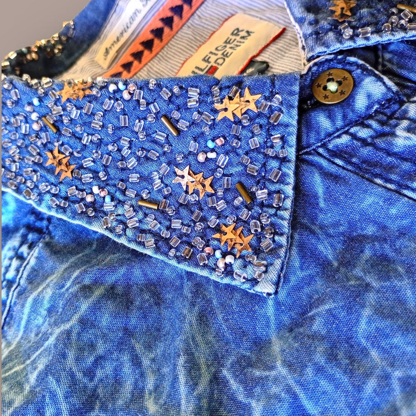 Camicia Jeans Tommy Hilfiger Denim Donna Acid Wash Stelle Borchie Taglia XS