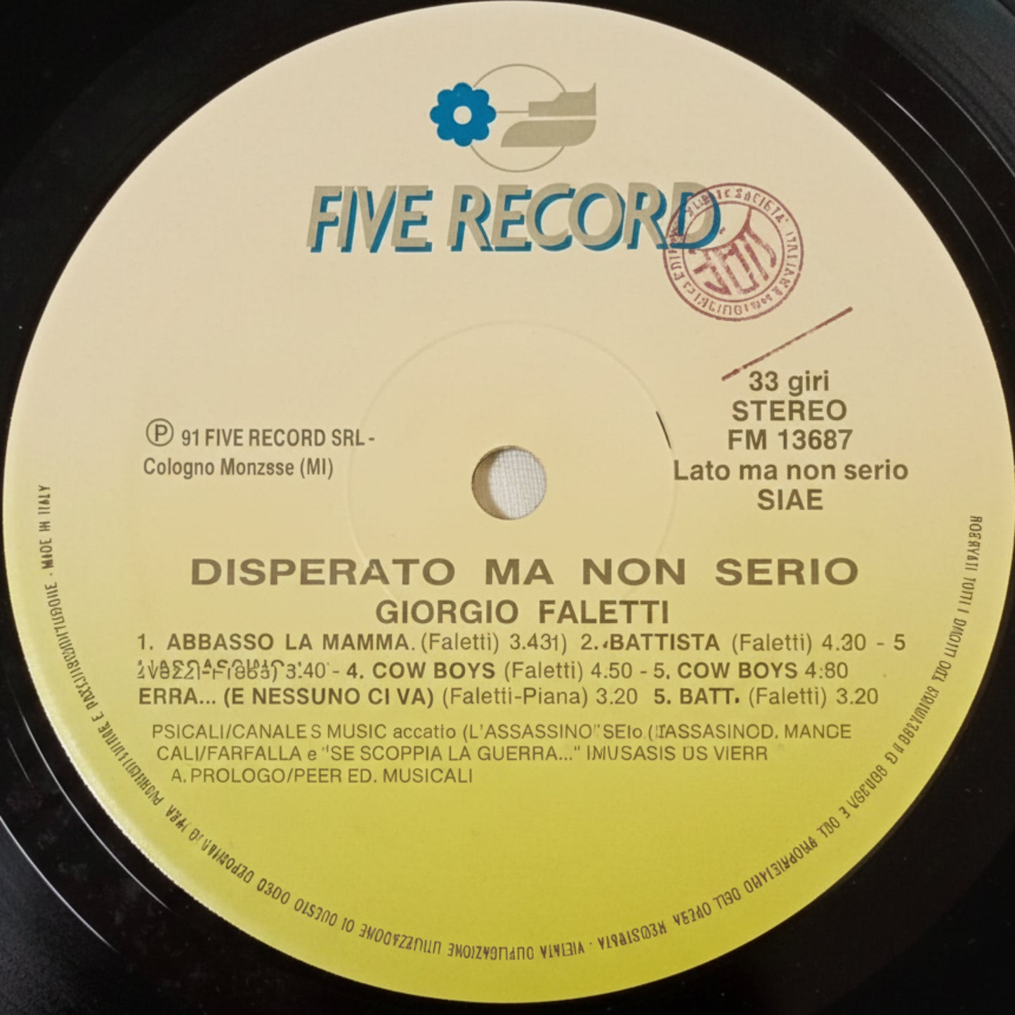 Vinile Giorgio Faletti - Disperato Ma Non Serio 1991 LP 33 Giri Five Record Pop