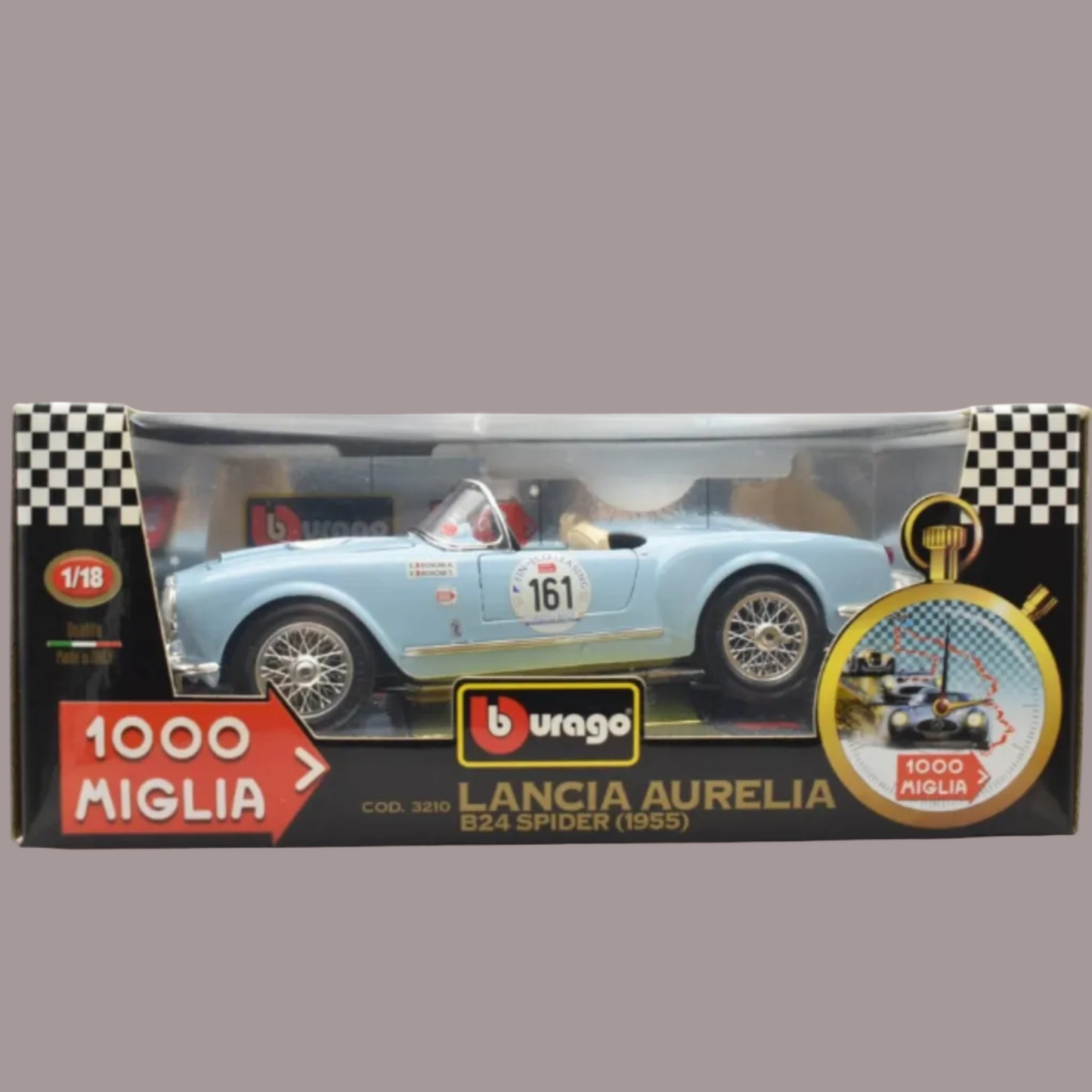 Modello Lancia Aurelia B24 Spider 1000 Miglia 1955 Burago 1:18 Diecast Nuovo